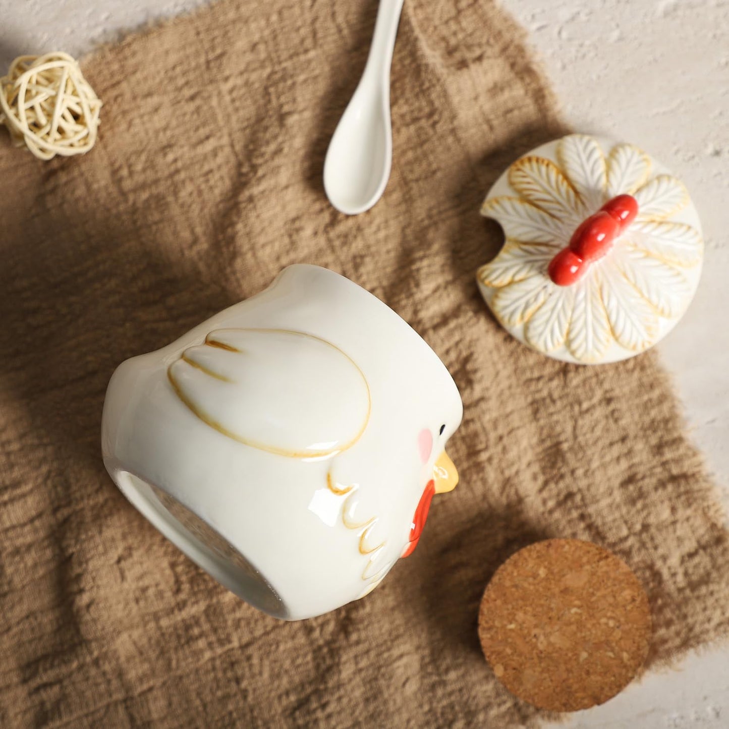 CHOOLD Retro Cartoon Rooster Ceramic Condiment Pot with Lid and Spoon, Salt Bowl Sugar Bowl