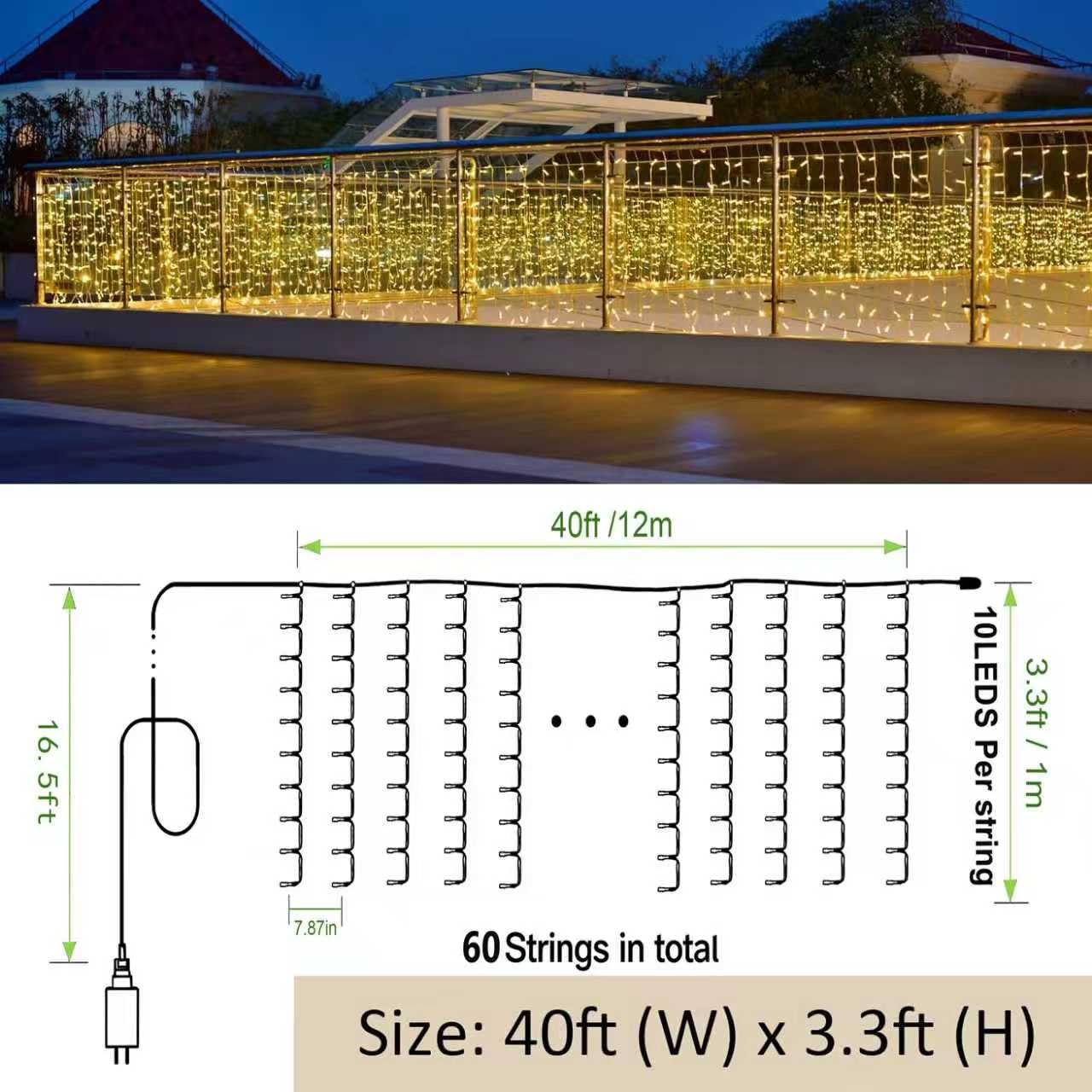 Solhice LED Curtain Lights Outside 40ft x 3ft for Backyard, 600 LED Plug in Hanging Fence String Lights Outdoor Waterproof for Backdrop Backyard Patio Deck Décor (Not Connectable)