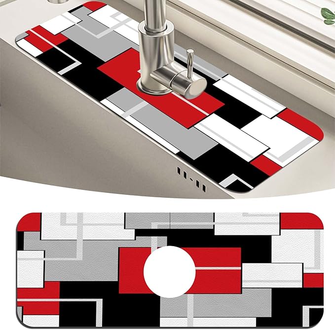 MCALK Geometric Red Kitchen Sink Faucet Mat Splash Guard, Absorbent Quick-Dry