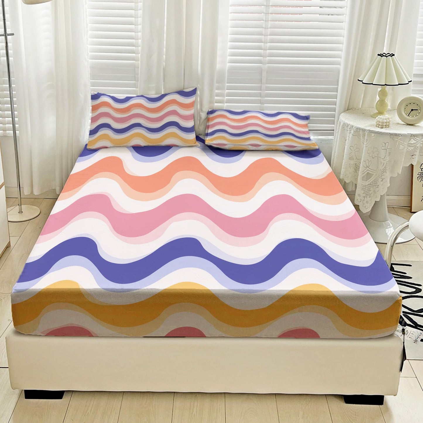 NOGAWA 70s Retro Sheets King, Abstract Waves Bed Sheets, Colorful Bedding Sheets, Soft Microfiber Deep Pocket Fitted Sheet, Flat Sheet, 2 Pillowcases