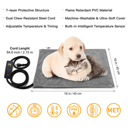 Toozey Small Pet Heating Pad, 6 Adjustable Temperature Dog Cat Heating Pad with Timer, Waterproof Heated Cat Bed with Chew Resistant Cord, Indoor Electric Pet Heated Mat 18x16in