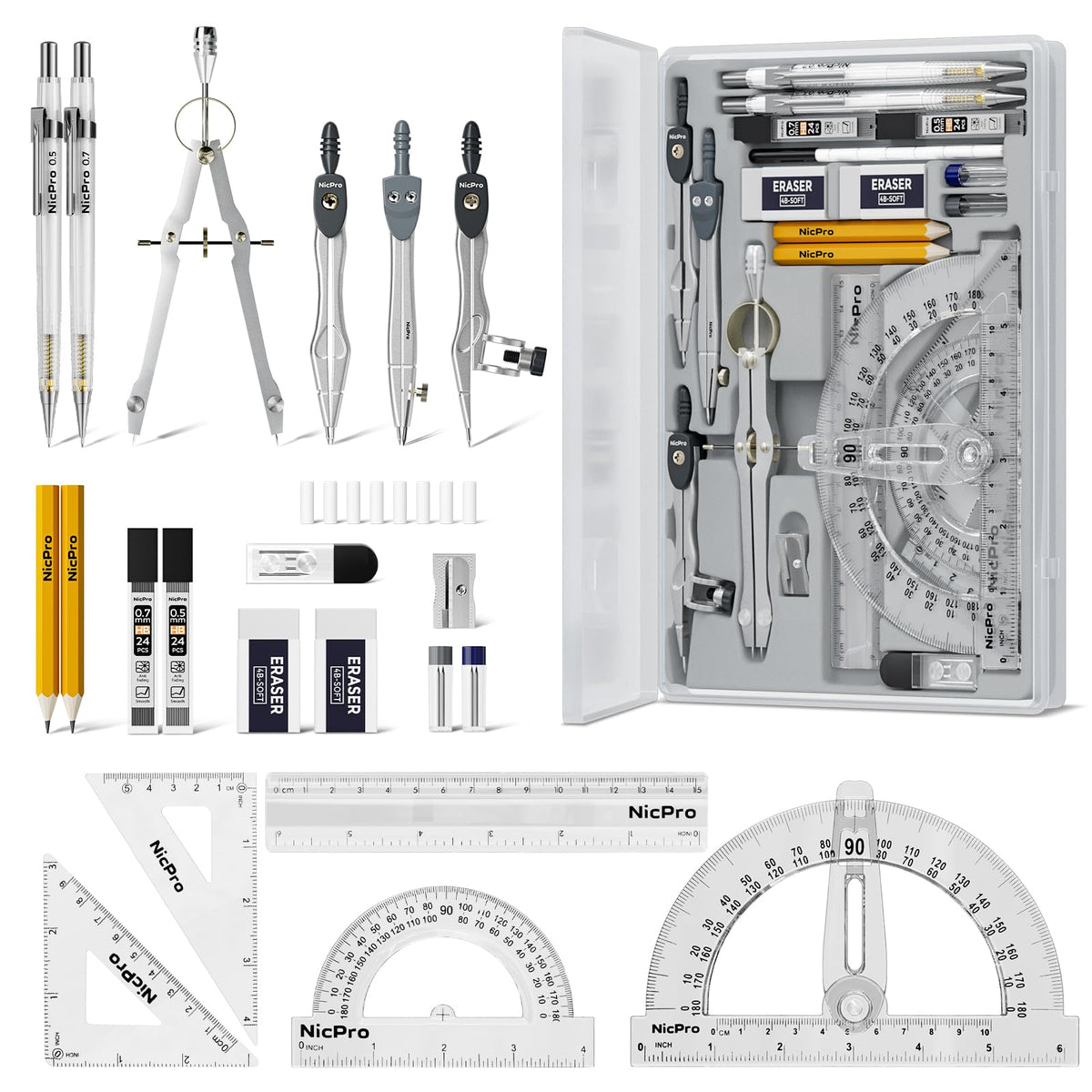 Nicpro 22 PCS Compass Geometry Tools with Case, Drafting Tools Geometry Set with Swing Arm Protractor, Rulers, Metal Compass, Square Set, Mechanical Pencil, Back to School Supplies for Students