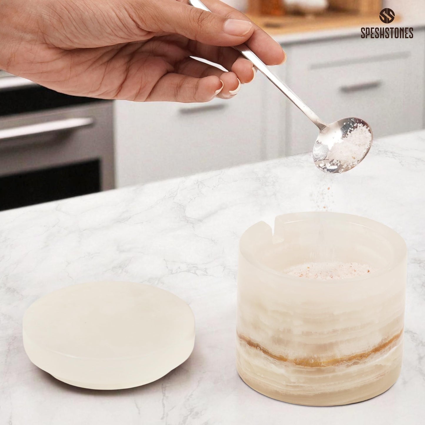 SPESHSTONES Marble Salt Cellar 3 Inch Cream Onyx Salt Containers for Countertop, Sugar Bowl With Lid, Salt Holder, Spice Jars, Salt Box for Seasoning Storage Container, Salt Dish for Kitchen Decor