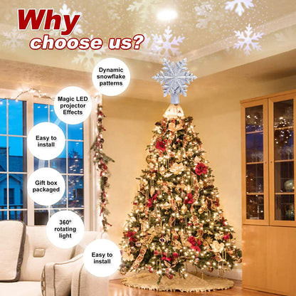 Christmas Tree Topper Lighted with White Snowflake Projector, LED Rotating Snowflake, 3D Glitter Lighted Sliver Snow Tree Topper for Christmas Tree Decorations