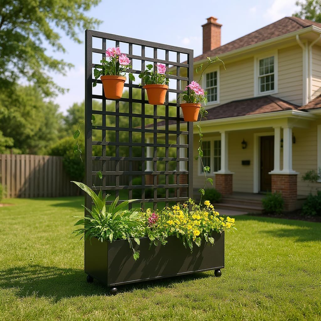 GAOMON Metal Planter Box with Square Lattice Trellis & Wheels, Raised Garden Bed w/Privacy Screen & Drainage Hole for Climbing Plants, Flower & Vine (72 in x35 in Black)