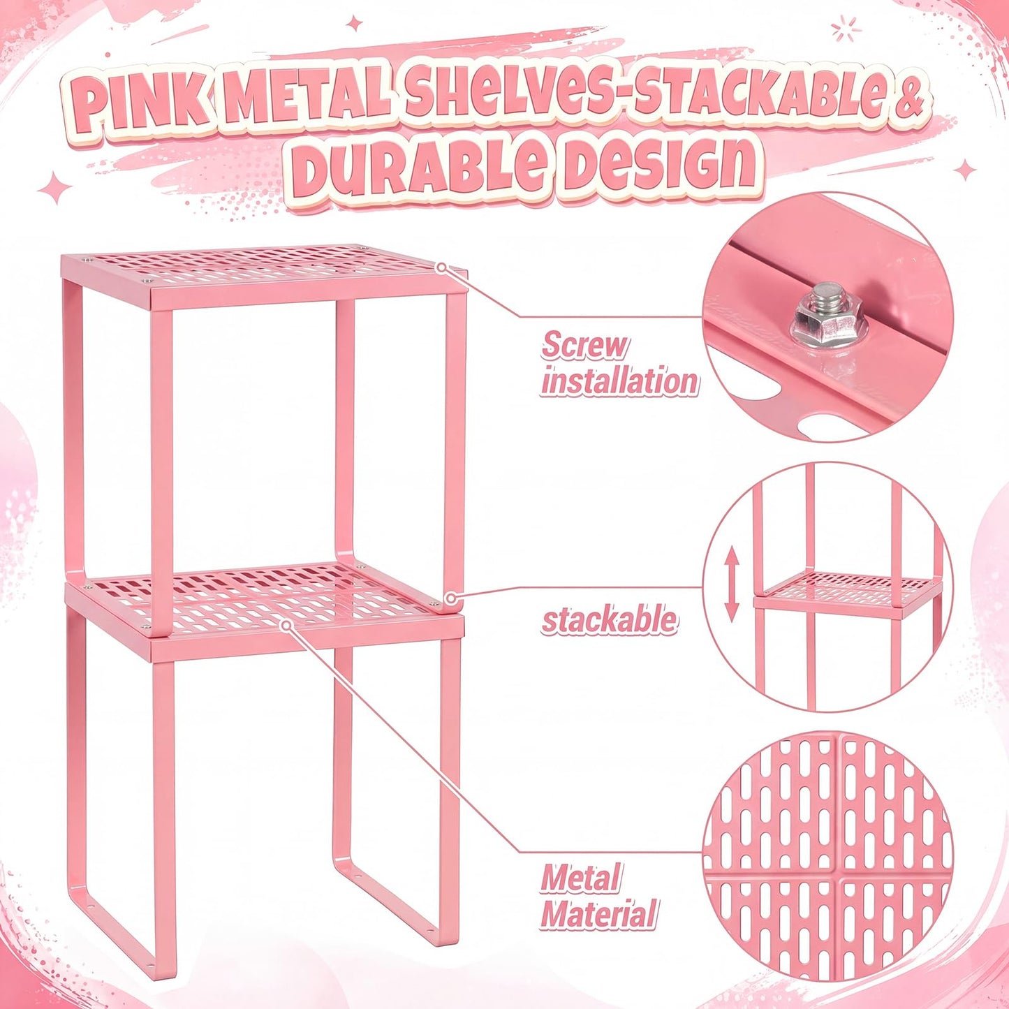 Colarr 2 Pcs Locker Organizer Shelf Stackable 2-Tier Shelves Fits Standard Size School Lockers Heavy Duty Metal Locker Shelf for School Office Gym Lockers Home Storage 11x 10 x 12 Inch(Pink)