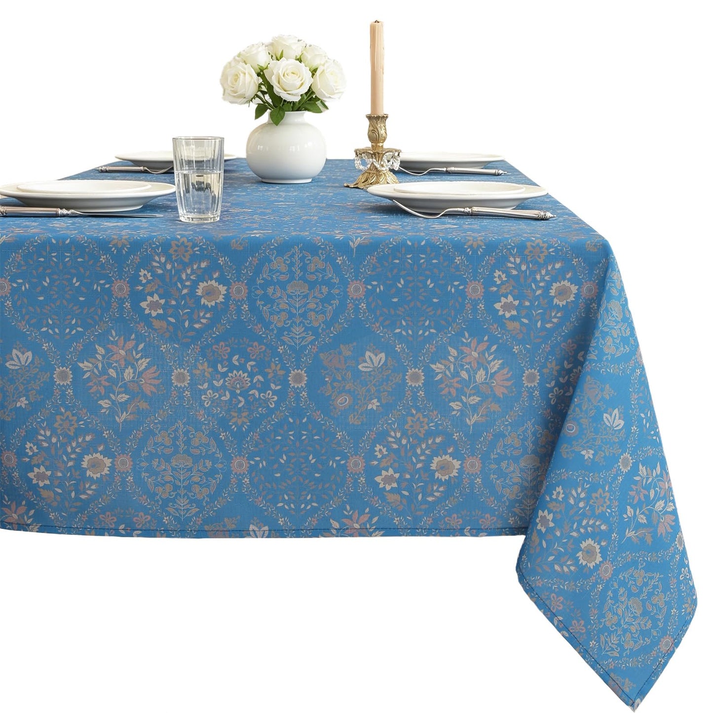 Honellaty Blue French Vintage Floral Rectangle Tablecloth, 60 x 84 Inch