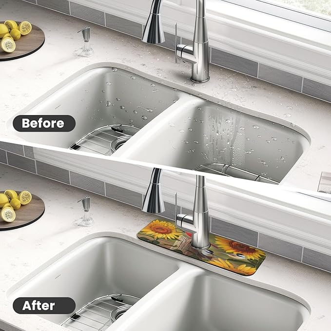 Sunflowers and songbirds Kitchen sink faucet pad, strong water absorption