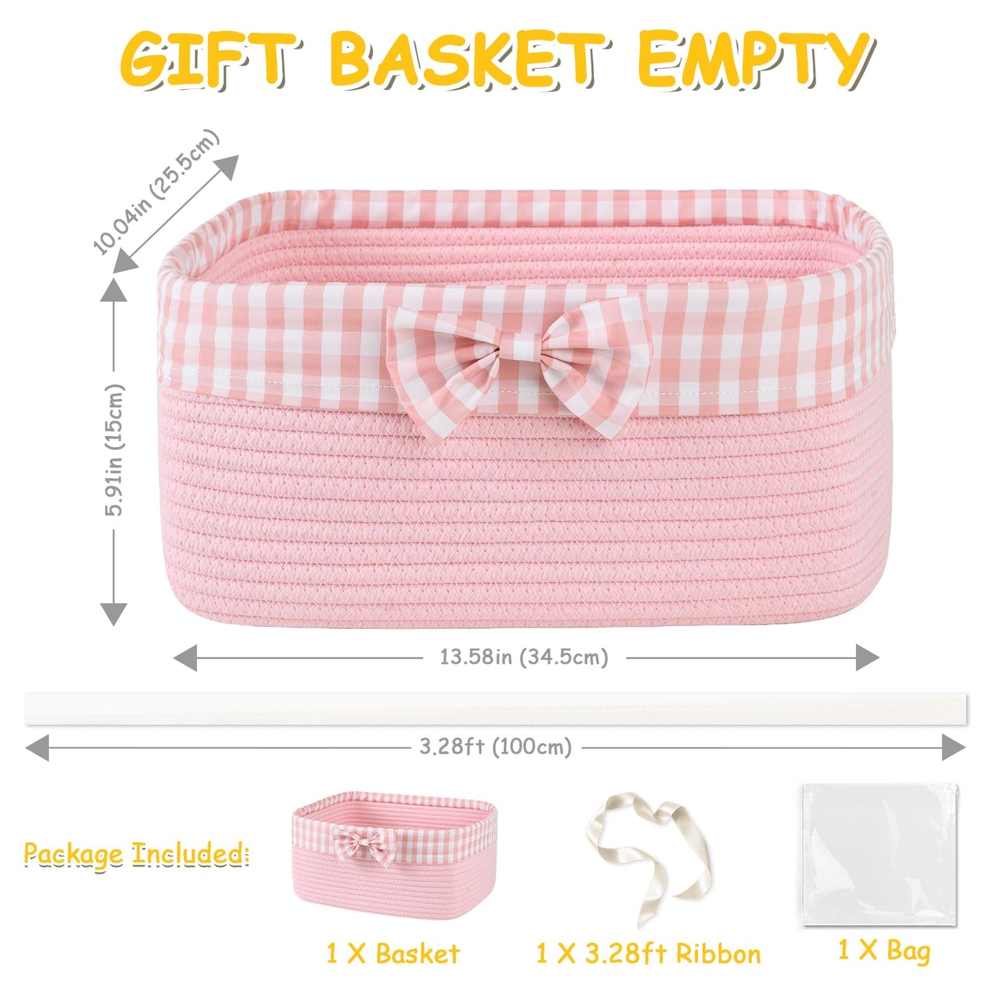 OIASKET Basket for Gifts Empty, Large Gift Basket 13L with Gift Bag and Ribbon, Woven Cotton Basket for Baby Showers, Birthday, Wedding, Mother's Day, 13.58"x10"x5.9", Pink