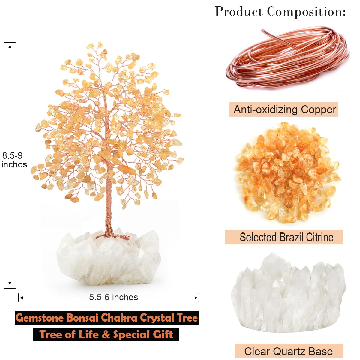 MASGEMES Gemstone Crystal Tree of Life,Natural Citrine with Row Clear Quartz Base,Chakra Healing Crystals Positive Energy Fengshui Decor Bonsai Money Tree,Home Decor Gift Height 8.5-9 Inches