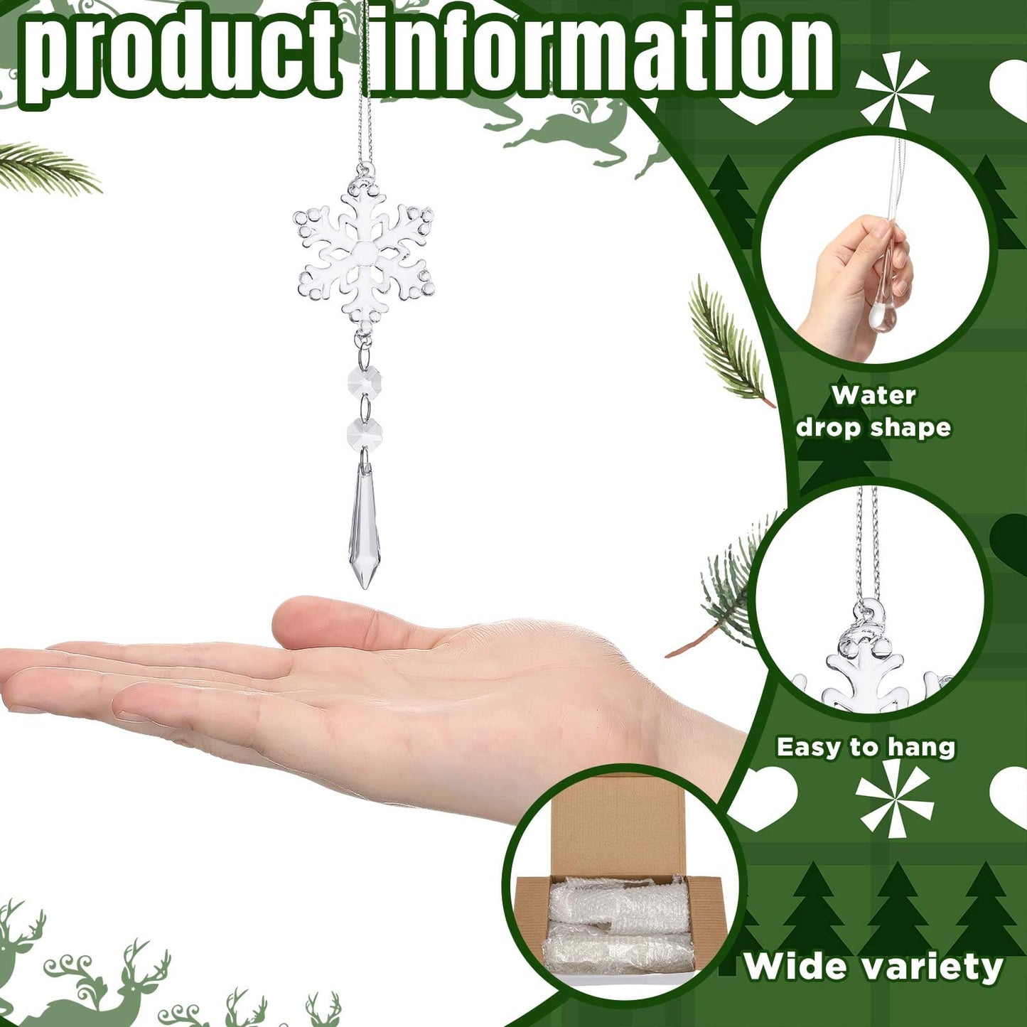 Gemscream 18 Pcs Winter Snowflake Glass Ornaments for Tree Clear Hanging Snowflake Icicles with Drop Pendants Glass Teardrop Decorations Crystals Decor for Holiday Chandelier Party Supplies
