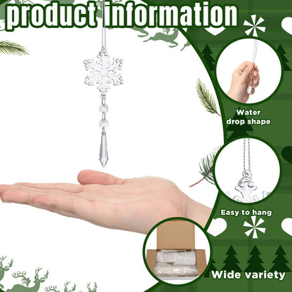 Gemscream 18 Pcs Winter Snowflake Glass Ornaments for Tree Clear Hanging Snowflake Icicles with Drop Pendants Glass Teardrop Decorations Crystals Decor for Holiday Chandelier Party Supplies