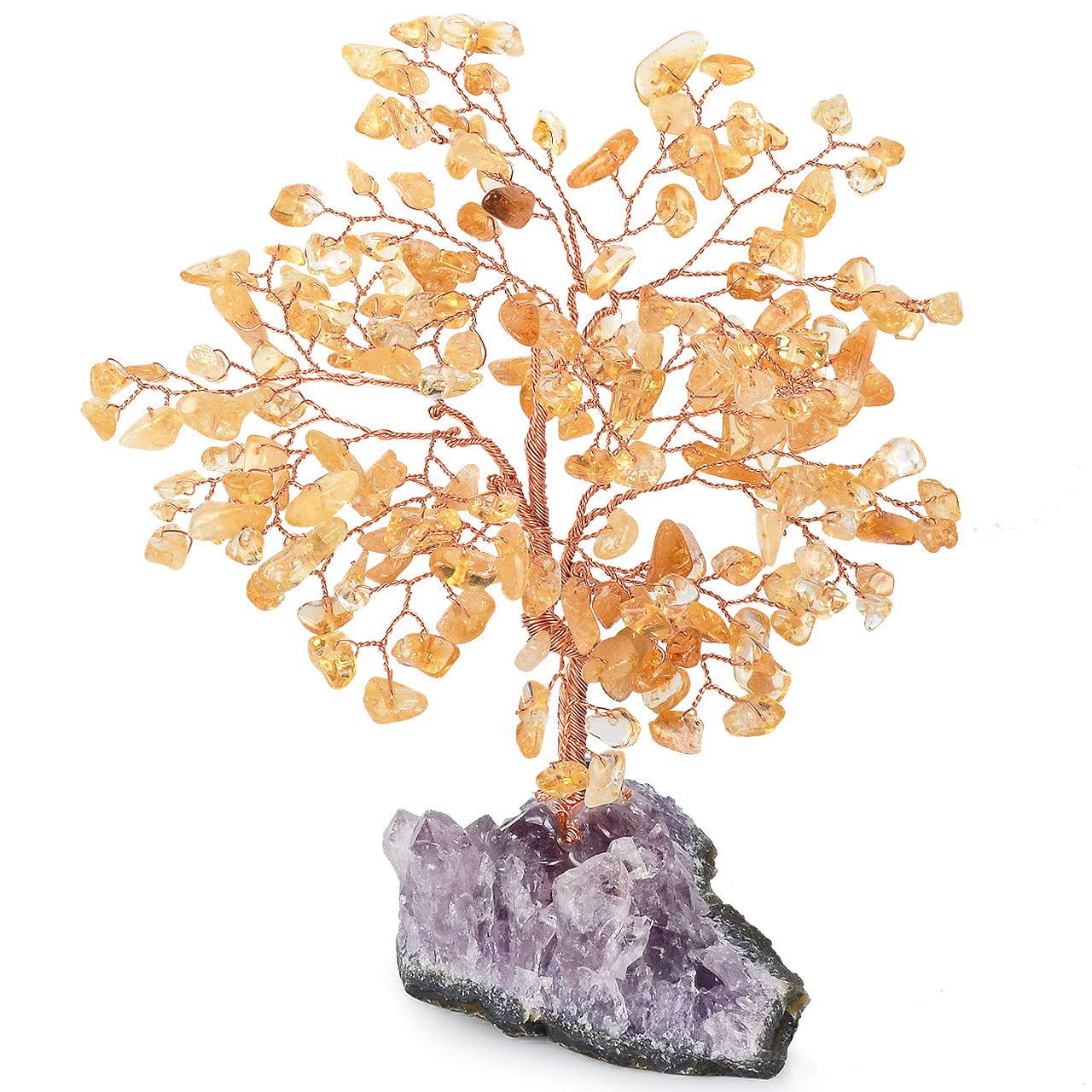 MASGEMES Natural Citrine Crystal Tree with Amethyst Geode Base,Crystal Ornaments Feng Shui Bonsai Money Tree,Chakra Balancing Positive Energy Figurings Decor 5.5"-6.3"