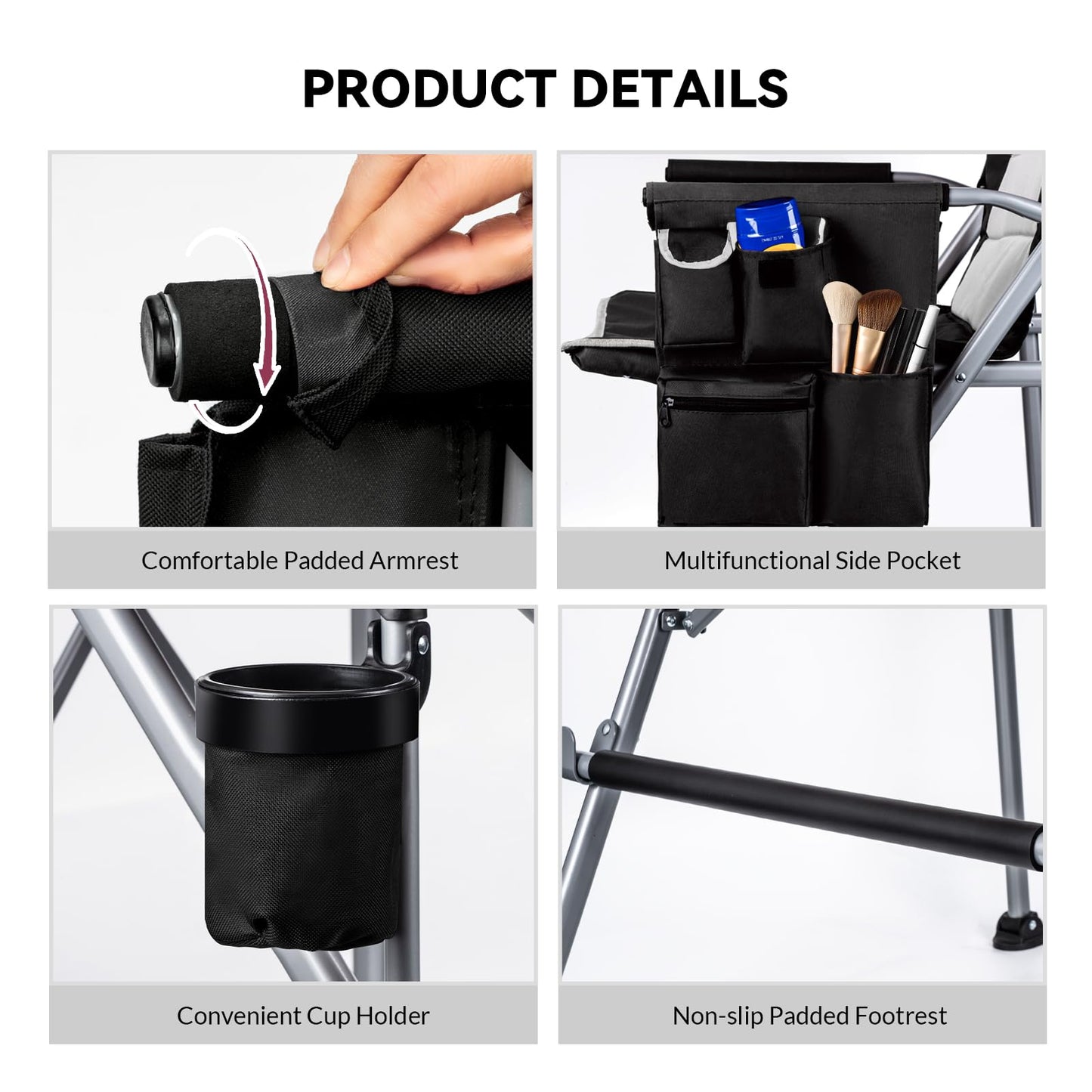 Thallike Foldable Directors Makeup Salon High Chair - Portable Camping Bar Height Folding Photoshoot Chairs with Stroage Bag Cup Holder Non-Slip Footrest, Supports 400 lbs Black Tall Director Chair