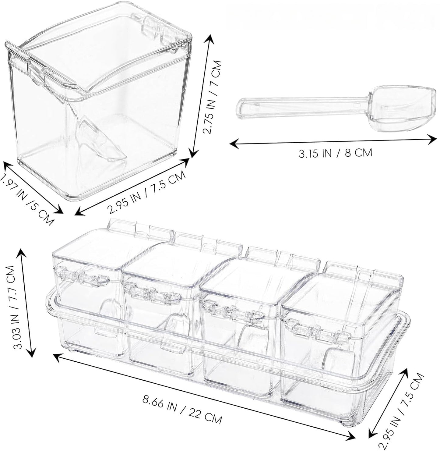 Qulfimea Clear Seasoning Box, 4 Pieces Acrylic Seasoning Rack Spice Jars with Spoons,Storage Container Condiment Jars - Cruet with Cover