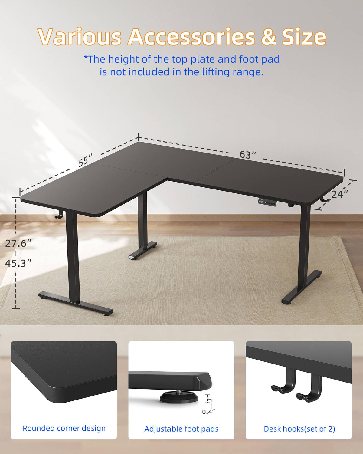 YIHAYO L Shaped Standing Desk Adjustable Height, 63 x 55 Inches Electric Corner Standing Desk with Splice Board, Computer Desk for Home Office, Black