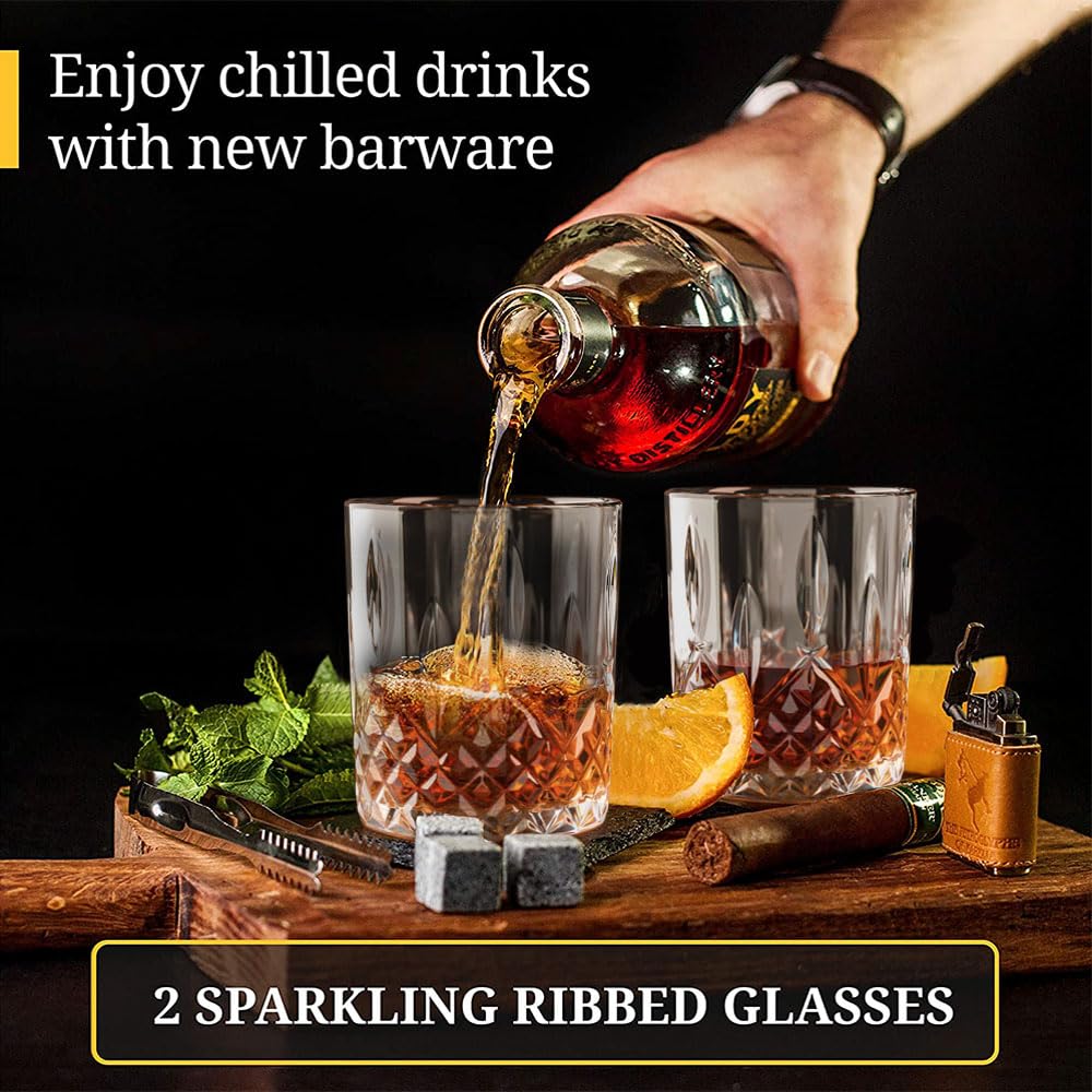 Whiskey Glasses Stones Gifts Set for Father, Pack of 2, 10 oz Scotch Bourbon Glasses, 8 Chilling Rocks with Tongs Perfect for House Warming Anniversary Birthday Farewell for Men