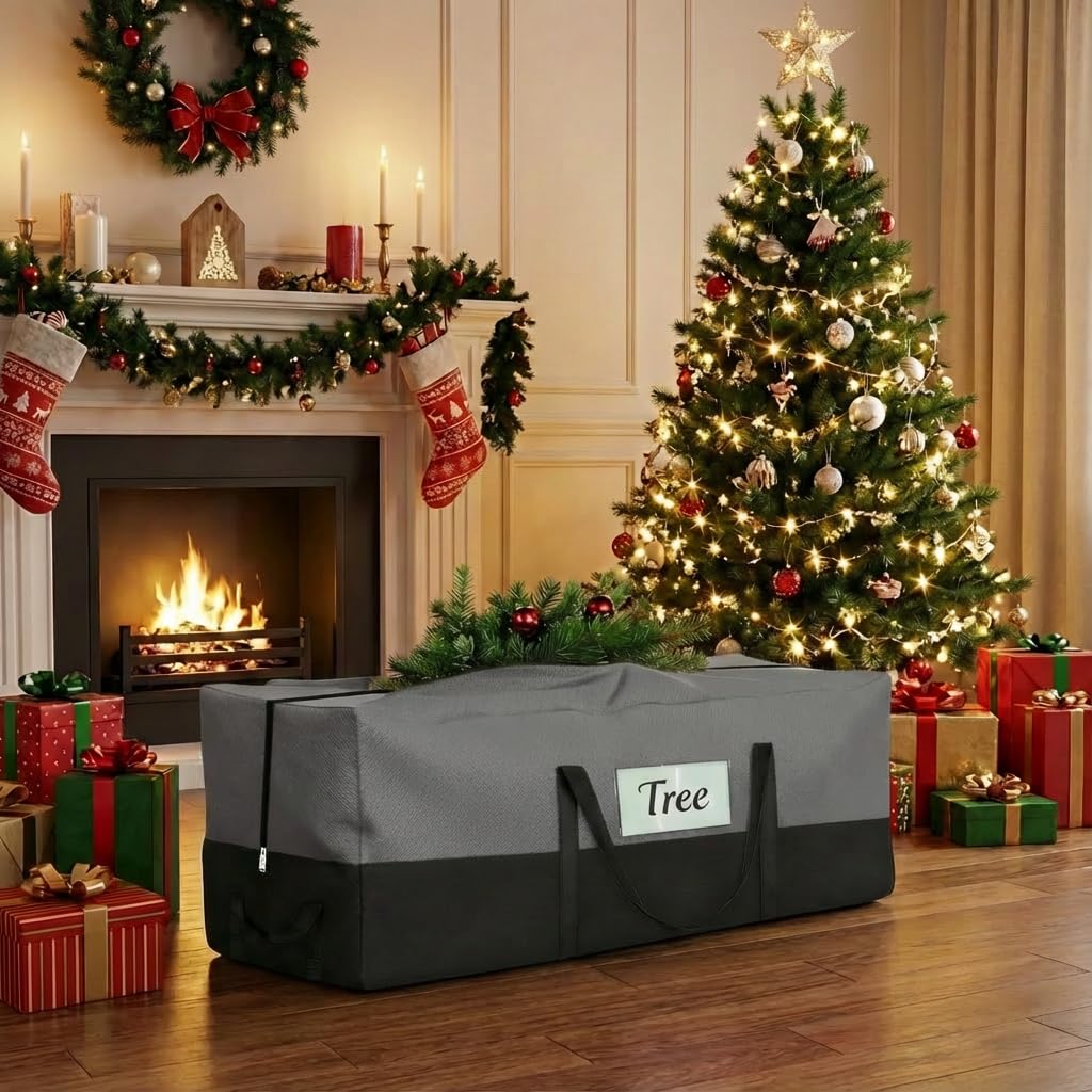 Christmas Tree Storage Bag, Fits Up to 10-12 Ft Tall Artificial Trees, Heavy Duty 600D Oxford Skeleton Storage Box with Reinforced Handles, Zipper, Transparent Pocket, Gray