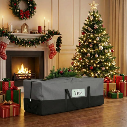 Christmas Tree Storage Bag, Fits Up to 10-12 Ft Tall Artificial Trees, Heavy Duty 600D Oxford Skeleton Storage Box with Reinforced Handles, Zipper, Transparent Pocket, Gray