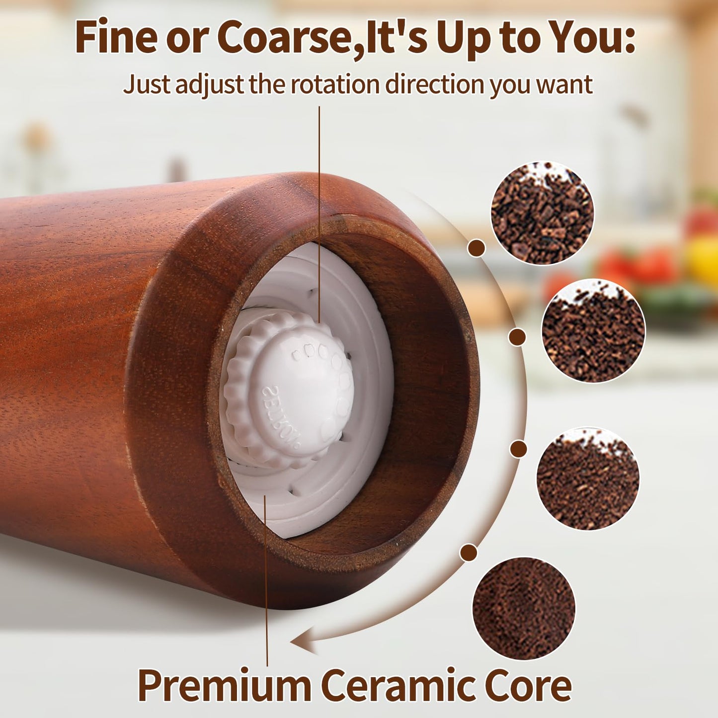 Wooden Salt and Pepper Grinder Set 10In,Salt and Pepper Grinder Refillable with Adjustable Ceramic Rotor, Easy Refill,Acacia Wood Pepper Grinder Manual,Salt and Pepper Shakers set 2-Pack