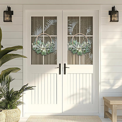 TEMPUS 2Pcs 16" Artificial Eucalyptus Wreaths - Handmade Wooden Bead & Lamb's Ear Spring Wreaths for Front Door, Farmhouse Wall Decor, Holiday Party