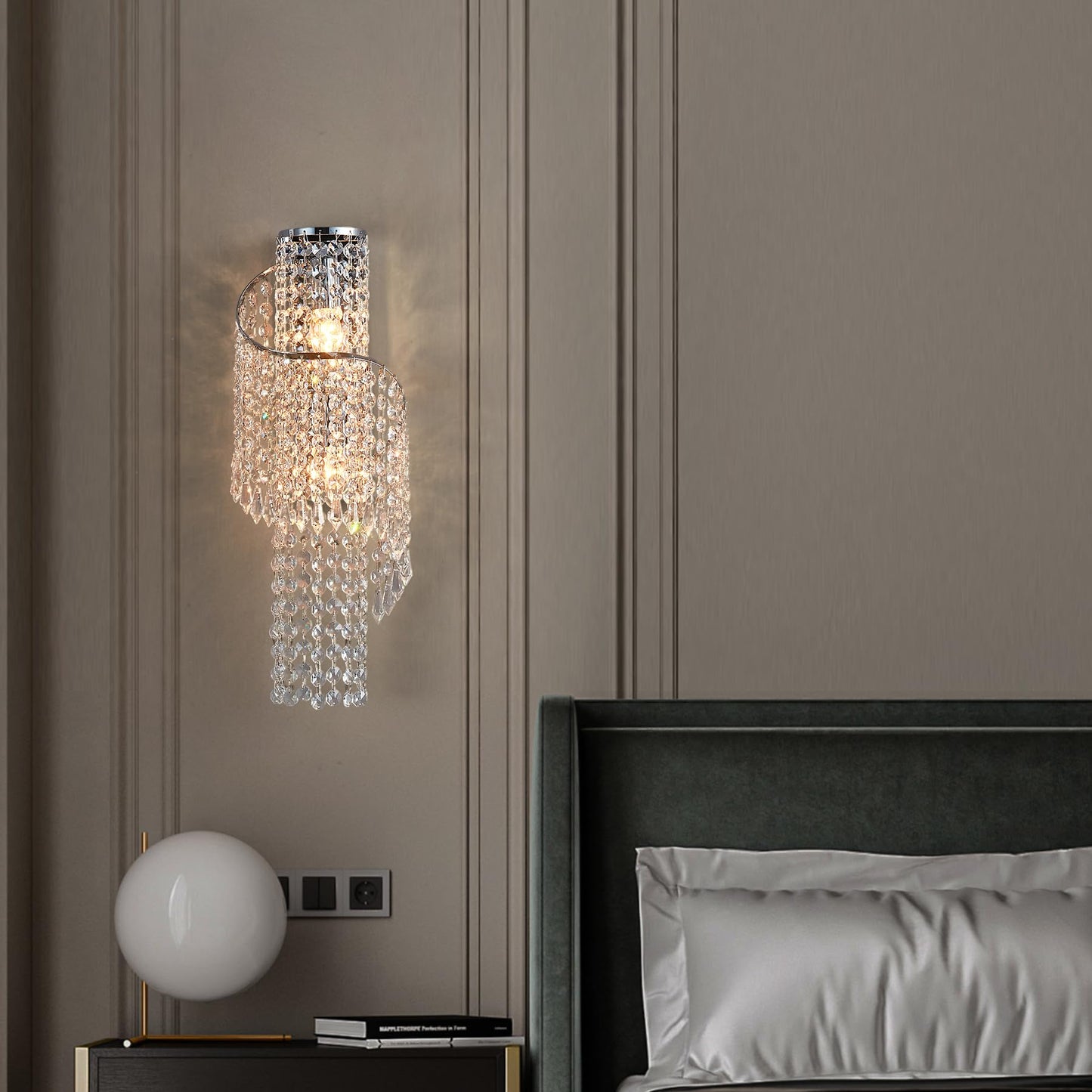 masarayti K9 Crystal Chrome Wall Sconces, Adjustable 3-Color LED Wall Light, FixtureVanity Wall Mount Lamps for Living Room Bedroom Bathroom Bedside Hallway Stairway