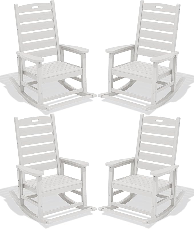 SERWALL Outdoor Rocking Chair Set of 4, Oversized HDPE Patio Rocking Chair with Footrest for Adults, All Weather Porch Rocker for Deck Patio Balcony, White