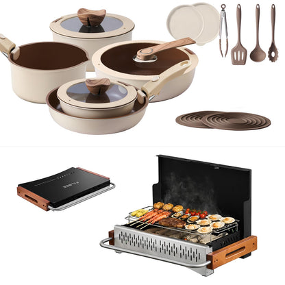 Portable Charcoal Grill and Pots & Pans Cookware Bundle - Compact Outdoor Cooking Set for Camping, Picnics, and Tailgating