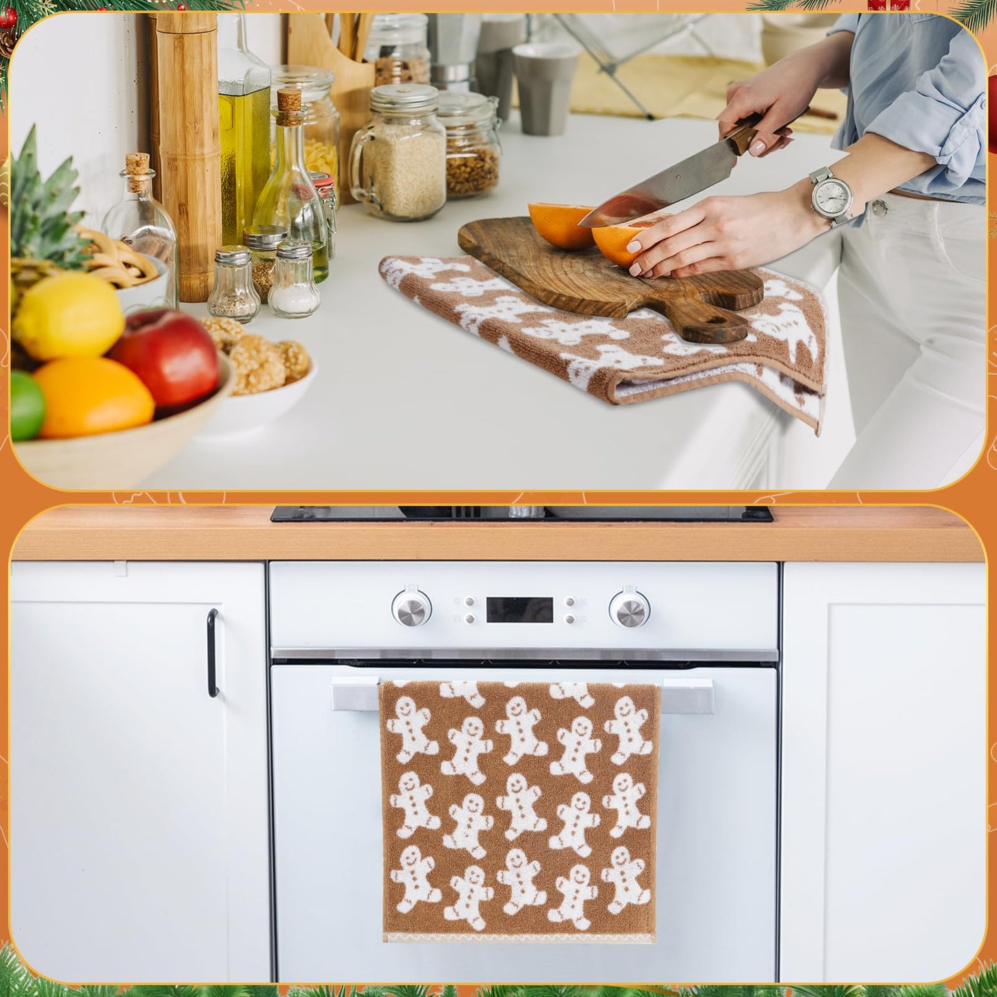 Shemilly 2pcs Christmas Hand Towels Brown Xmas Gingerbread Jacquard Hand Towel for Bath 100% Cotton Thick Soft Bathroom Kitchen Decorative Set for Christmas Winter Holiday Decor Gift,18 x 28 Inch