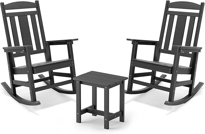 LUE BONA Outdoor Rocking Chairs Set, 3-Piece, HDPS Poly Porch Rockers with Table, Plastic Weather Resistant Rocking Chair Set for Outdoor Indoor, Garden, Backyard, 350lb, Gray Chairs+Table