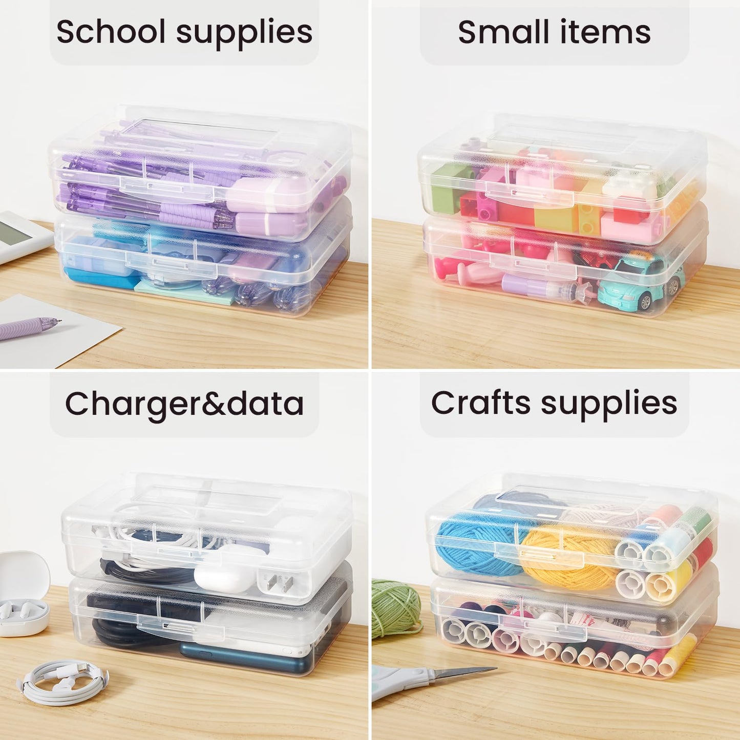 Sooez Plastic Pencil Case Box 6 Pack, Large Crayon Maker Pen Organizer, Plastic Containers with Snap Lids, Stackable Craft Storage Boxes Bulk, School Supplies Art Box for Bead, Clear