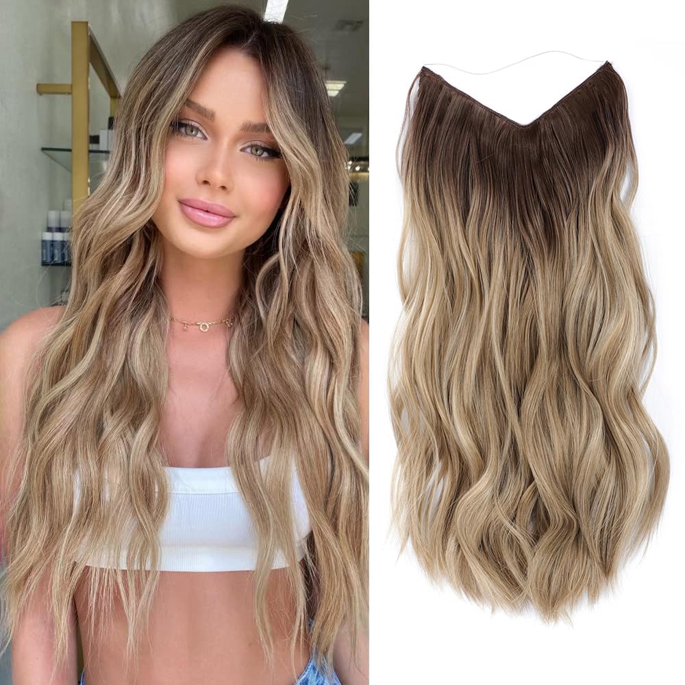 Ms TAj Halo Hair Extensions clip in hair extensions Natural Blonde with Dark Root 20 inch with Adjustable Size Removable Clips Invisible Secret Synthetic Hairpiece for Women