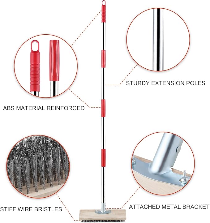 Heavy Duty Wire Broom with Telescopic Handle, Stiff Metal Bristle Brush