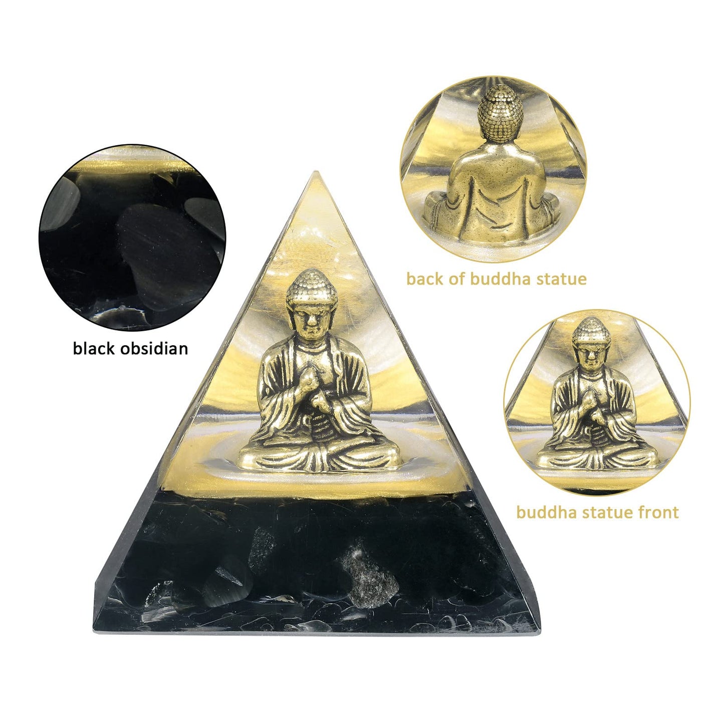Rockcloud Buddha Statue Orgone Pyramid, Obsidian Crystal Energy Generator Orgonite Pyramid Figurine Home Office Desktop Decor for Wealth Good Luck, Black