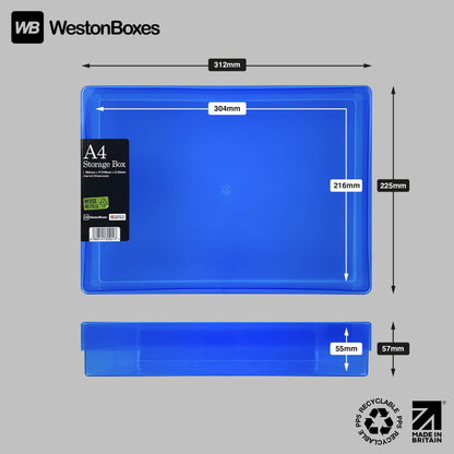WestonBoxes A4 Colourful Transparent Plastic Craft Storage Boxes with Lids for Art Supplies, Paper and Card (Multicoloured/Transparent, Pack of 5)