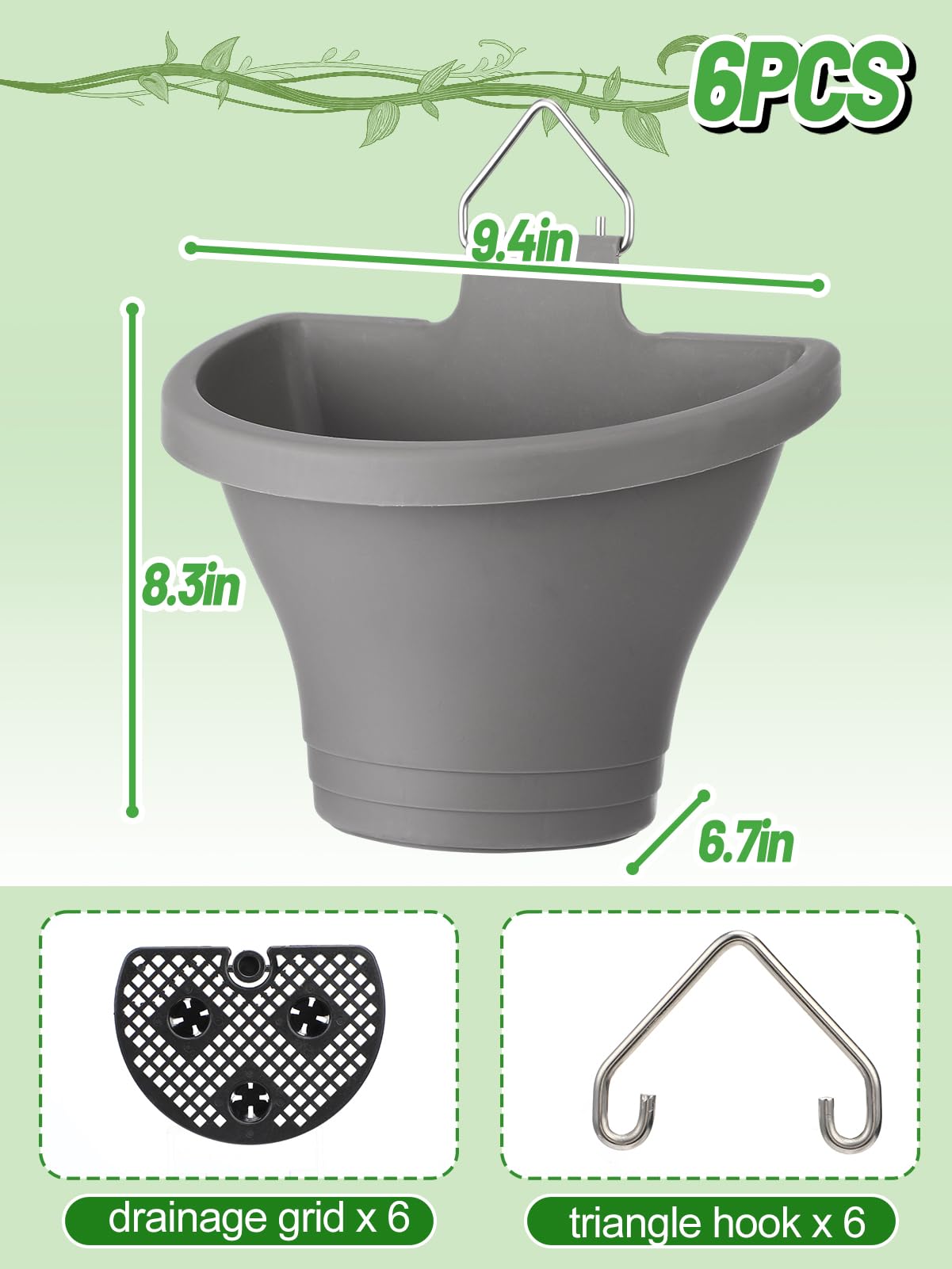 MADHOLLY 6Pcs Vertical Hanging Planters for Outdoor Plants - Wall Plant Holder for Indoor Decorations Garden Fence, Plastic Flower Pots with Drainage Grid and Hooks (Gray)