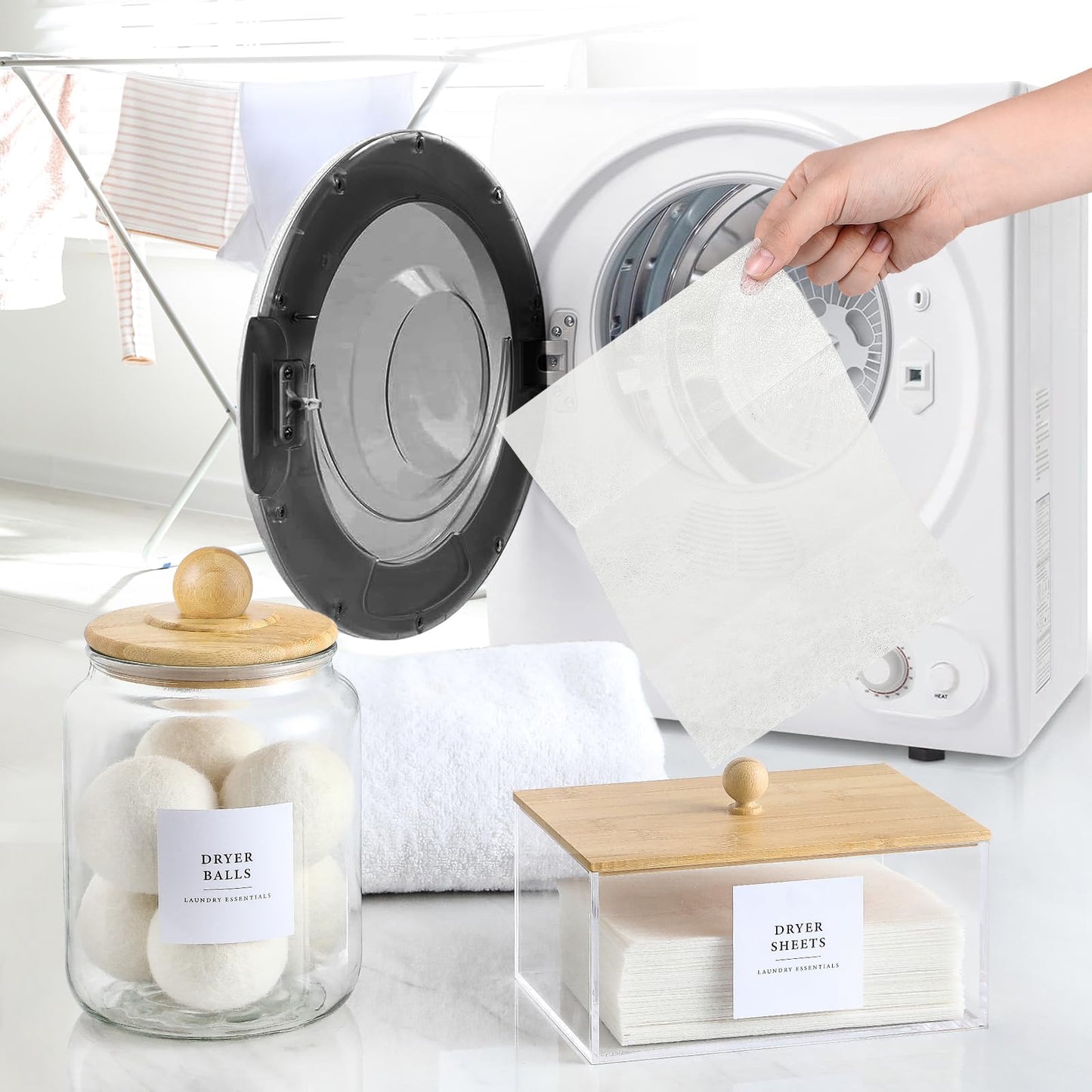 Glass Jars and Dryer Sheet Holder with Bamboo Lids, Dispenser Set and Labels, Containers for Laundry Room Organization and Storage, Half Gallon Airtight jars, Acrylic Storage Box for Laundry supplies