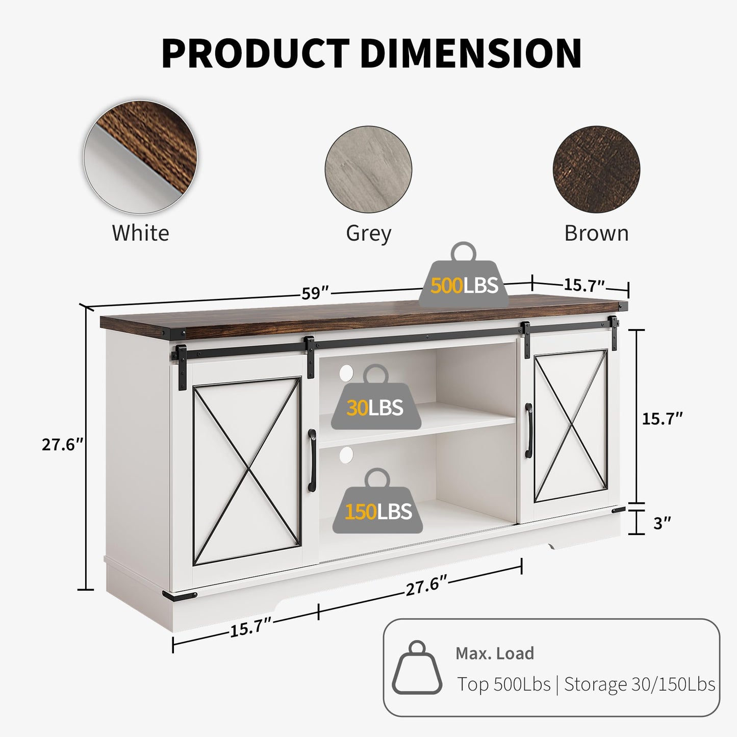 IDEALHOUSE Farmhouse TV Stand and Entertainment Center for Tv up to 65 inches with Sliding Barn Doors, Tv Media Console Table with Storage Cabinet for Living Room, White & Brown