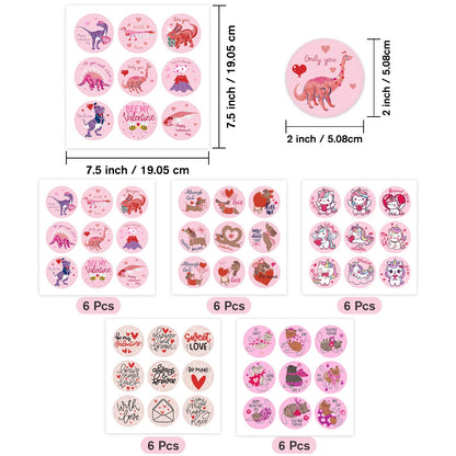 RUSPEPA 270 Pcs Valentine's Day Stickers, 1.5 Inch Round Love Labels with Cute Animals, Unicorns, Dinosaurs & Romantic Quotes, 5 Sets Adhesive Stickers for Gifts, Scrapbooking, Cards, Party Favors