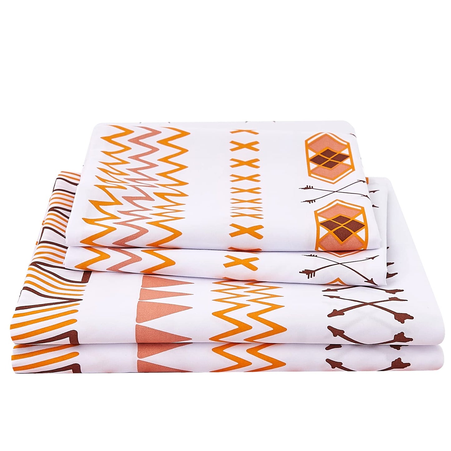 JSD Geometric Printed Sheet Set Queen, 4 Piece Soft Orange Pattern Microfiber Sheets Extra Deep Pocket