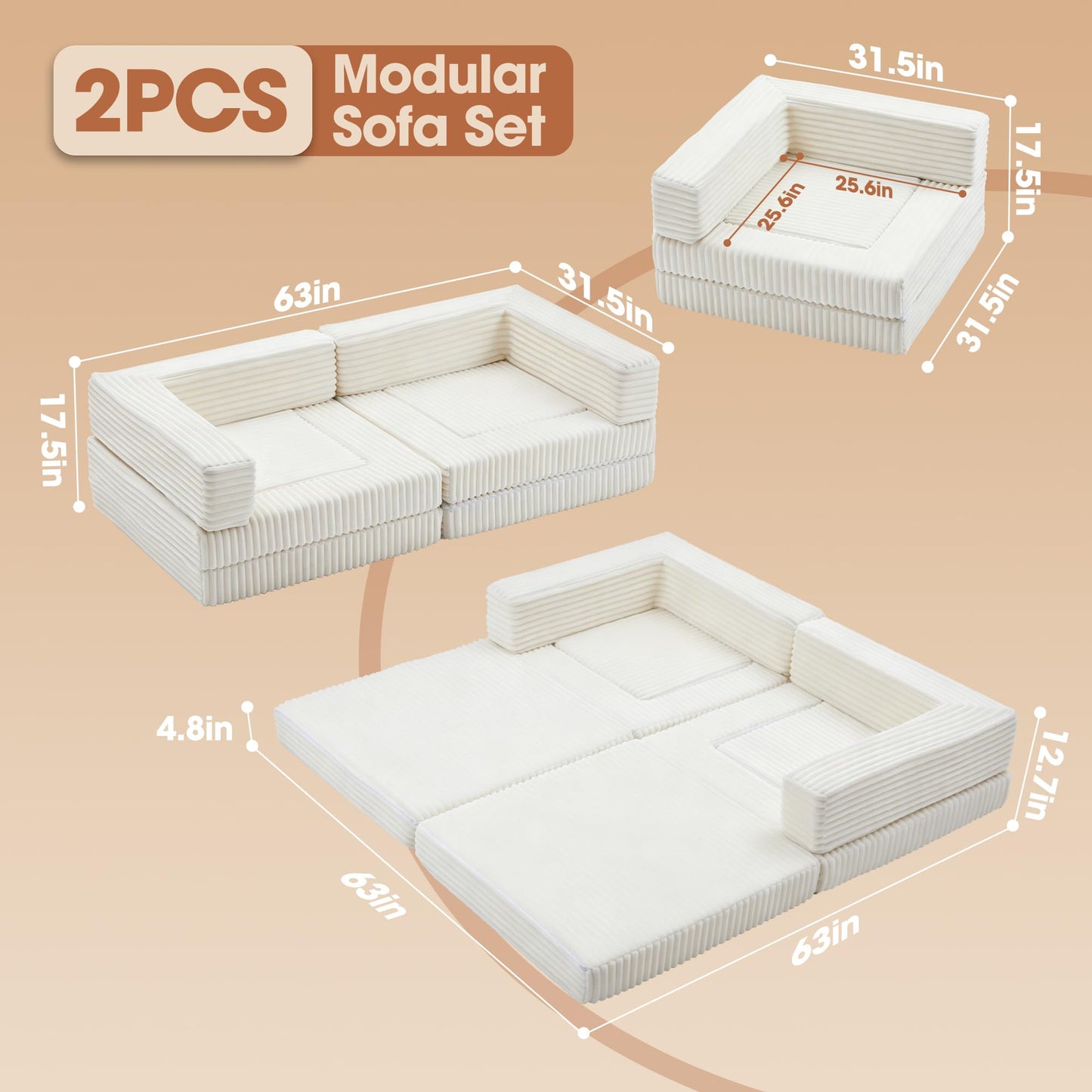 Umoving Modular Floor Sofa Couch Set of 2, Convertible Folding Lounge Sofa Bed with Adjustable Backrest, Family Seating for Kids, Teens & Adults, Gaming, Reading & Relaxing, White