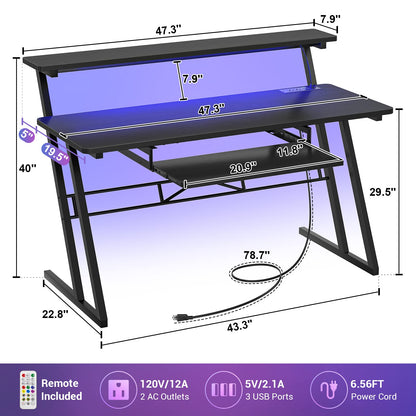 Armocity Music Studio Desk, Music Production Workstation with Power Outlets and RGB LED Lights, Recording Studio Table Desks Music Producer for Home, Black