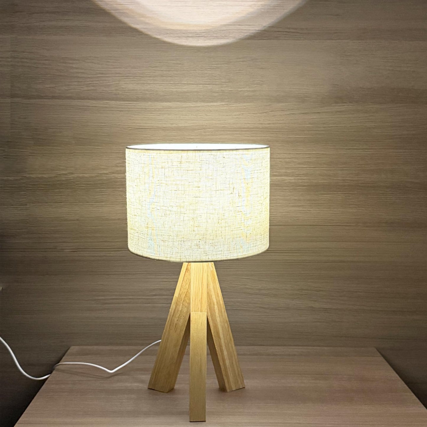 Tripod Table Lamp, Small Cute Bedside Lamp with Linen Beige Lampshade, Nightstand Lamp for Nursery, Bedroom, Kid Room, Living Room, Light Brown Wooden Base, E26 Socket, 12.8Inch, 3000K, 4500K, 6000K