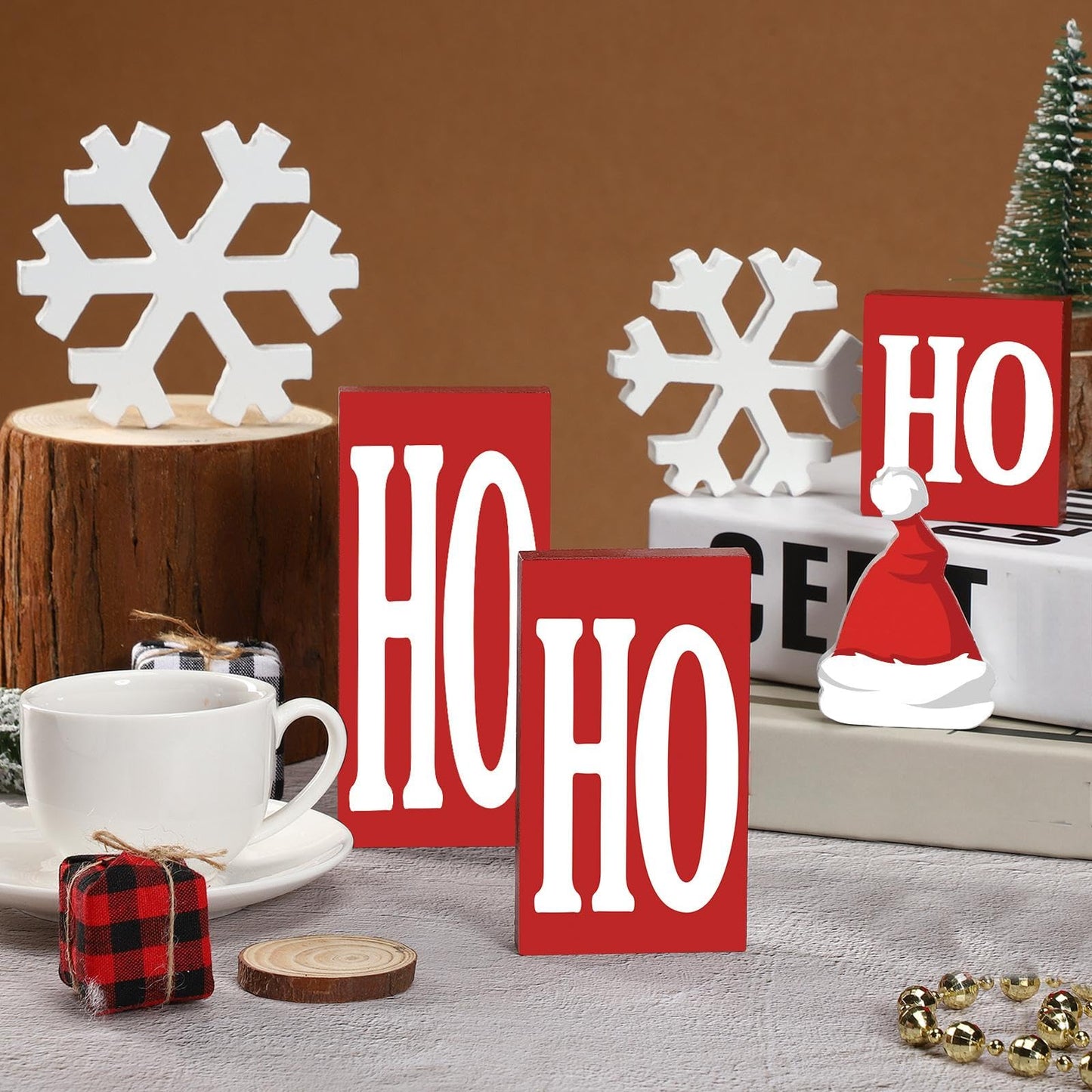 Qunclay 6 Pcs Christmas Wooden Decor Ho Ho Snowflake Table Decorations Sign Tiered Tray Decor Centerpiece Farmhouse Table Blocks for Home Party Mantle Shelf