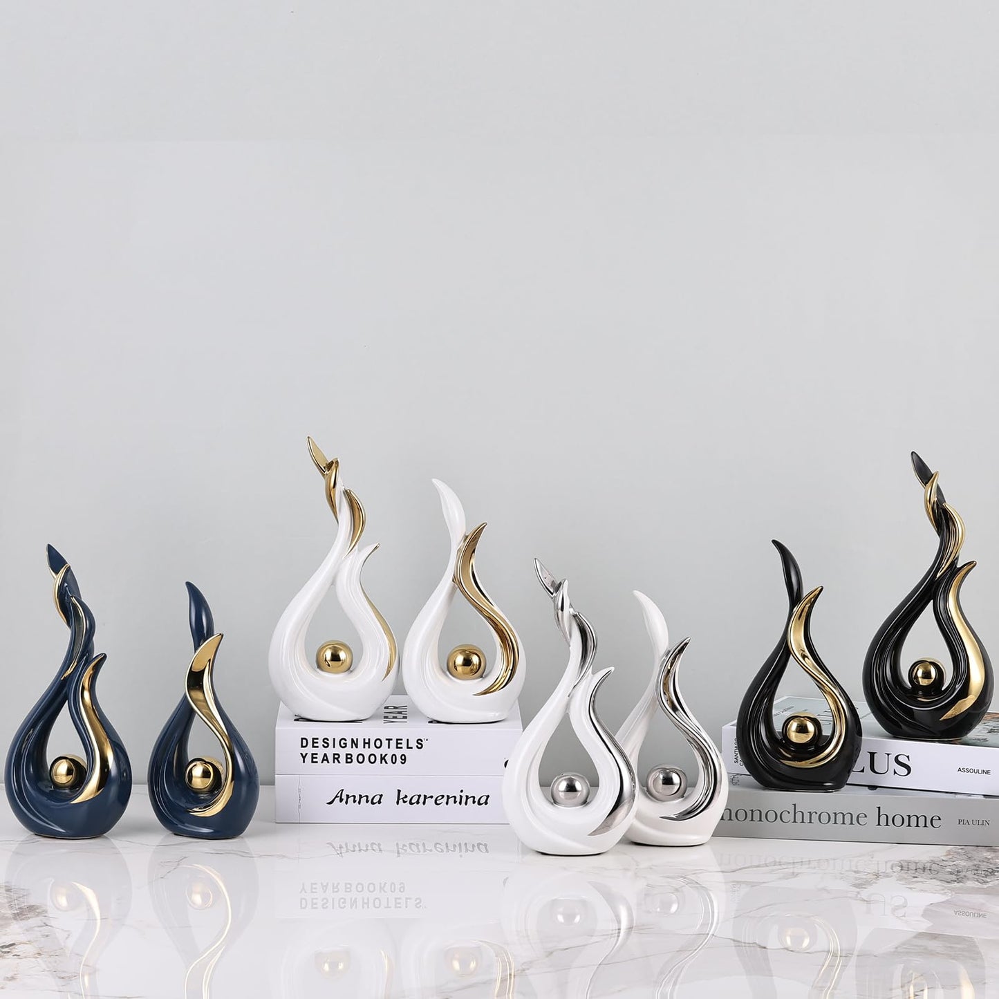 2PCS Abstract Flame Ceramic Sculpture Set – Modern Figurines for Living Room Table Centerpiece, Dining Table Decor, Bedroom Table Decor, Shelf Sculpture, Fireplace, and Home Decoration (White Gold)