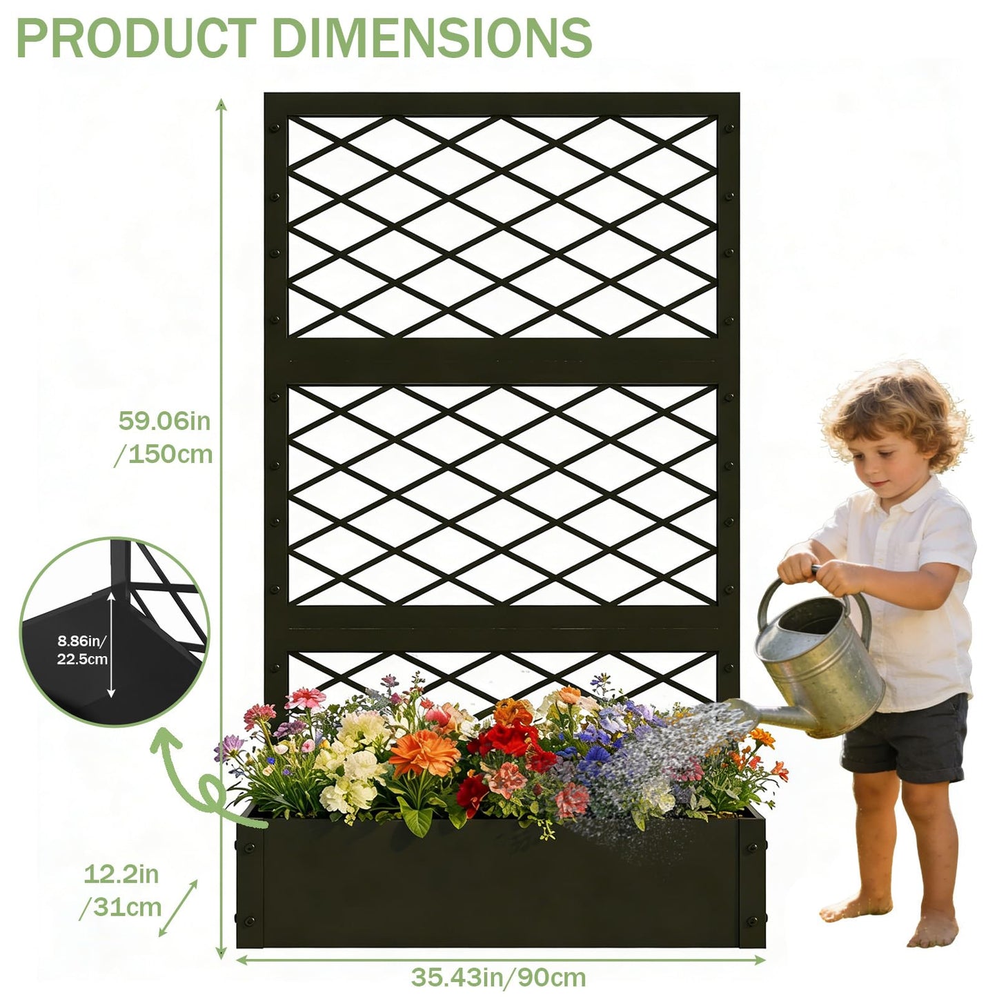 aboxoo 59 inch Metal Planter Planter Box with Privacy Screen Trellis Outdoor Raised Garden Bed Standing Garden Flower Bed with Drainage Holes(Black)