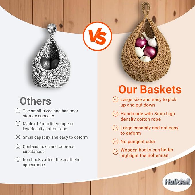 Hanging Fruit Baskets for Kitchen, 3 Pack Boho Cotton Rope Handwoven Vegetable