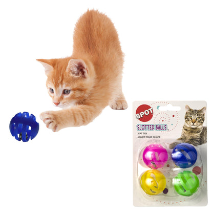 SPOT Slotted Balls Cat Toy - Interactive Cat Toys for Indoor Cats to Chase, Hunt and Stimulate - Jingle Bell Inside for Sound When Batted Around - Safe and Non-Toxic - 1.5" Assorted 4-Pack