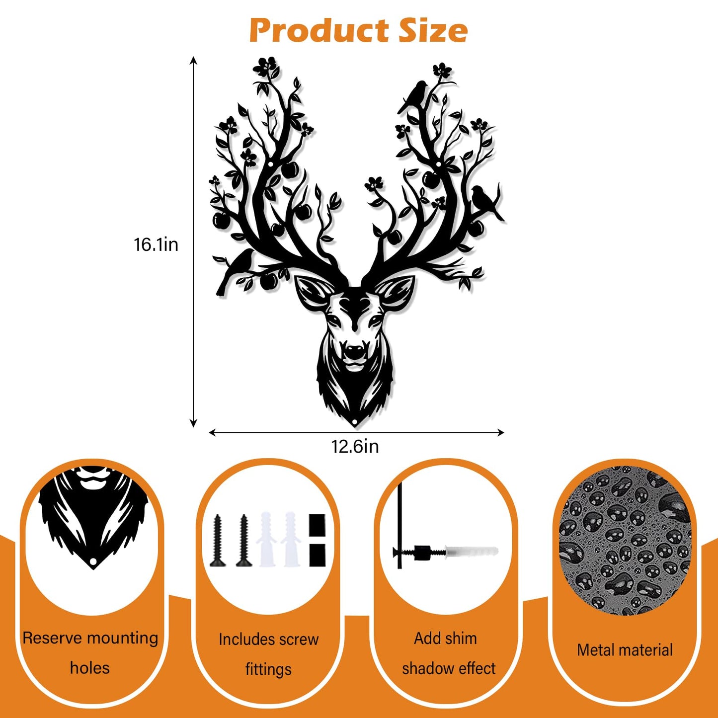 Harikikochuu Deer Head Wall Decor Metal Deer Head Wall Art Tree Branch Metal Wall Sculpture for Living Room Bedroom Entryway Outdoor Art Hunting Accent for Cabin Lodge Farmhouse (16.1x12.6 Inch)