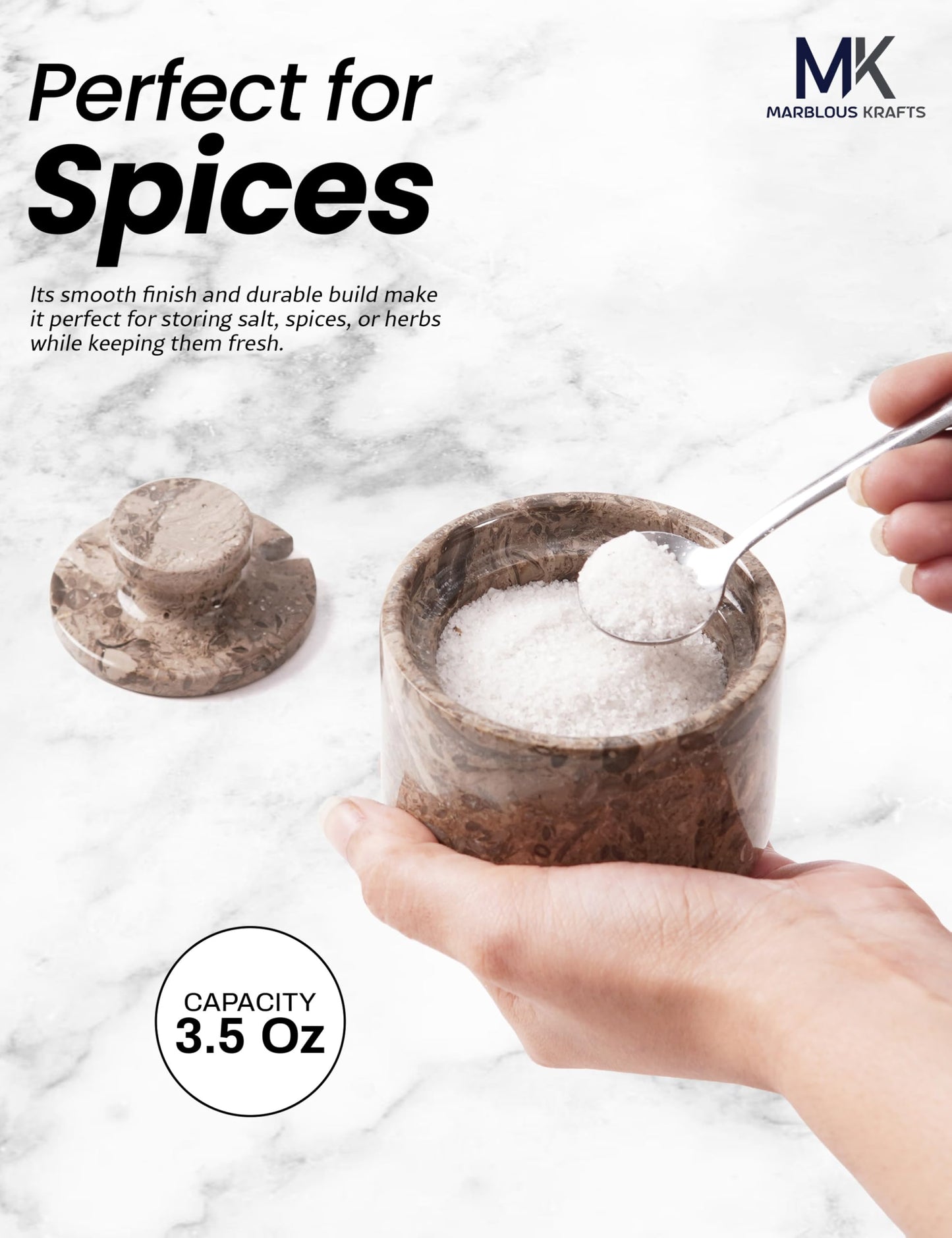 MARBLOUS KRAFTS Marble Salt Cellar Oceanic 3" Flaky Salt Dish for Countertop Ideal Spice Box, Candy Bowl, Brown Sugar Jar with Lid and Spoon, Kitchen Storage, Gift for New Home